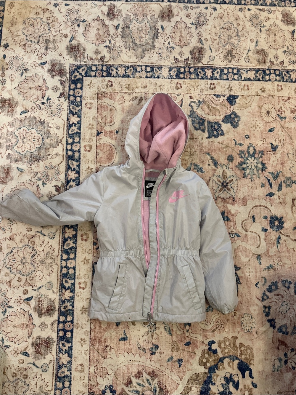 Nike Girls' Light Gray Hooded Rain Jacket with Pink Lining